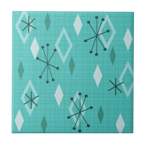 Mid Century Modern Diamonds Aquamarine Ceramic Tile