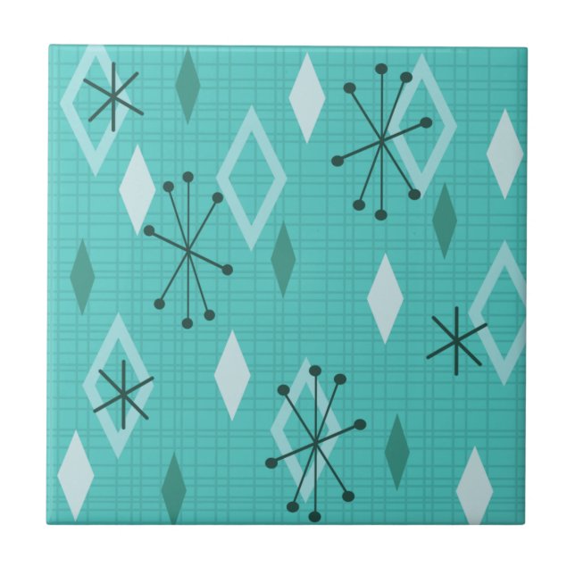 Mid Century Modern Diamonds Aquamarine Ceramic Tile (Front)
