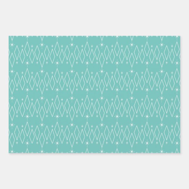Mid Century Modern Diamonds Atomic Starbursts Aqua Wrapping Paper Sheets (Front)