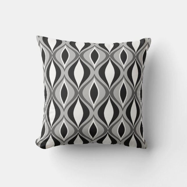 Mid-Century Modern Diamonds, Black, White and Gray Outdoor Pillow (Front)