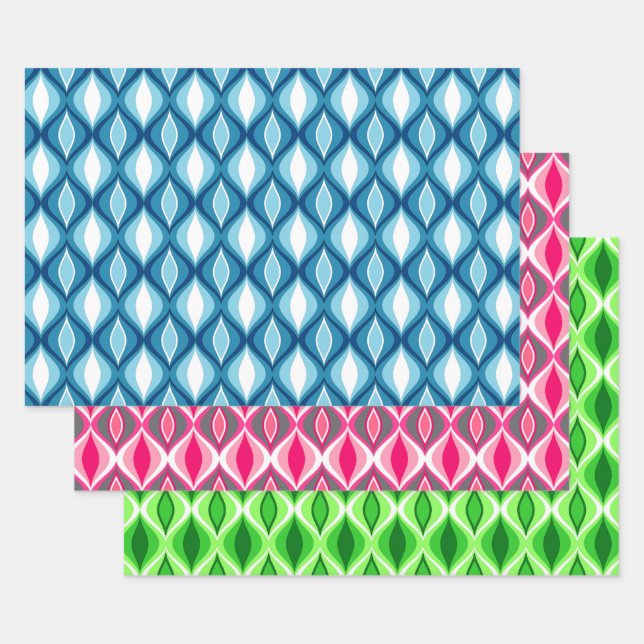 Mid-Century Modern Diamonds, Blue, Pink, Green Wrapping Paper Sheets (Set)