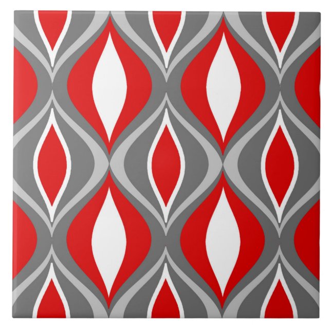 Mid-Century Modern Diamonds, Gray / Grey & Red Ceramic Tile (Front)