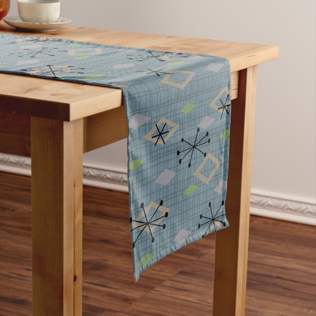 Mid Century Modern Diamonds Slate Gray Blue Short Table Runner (In Situ)