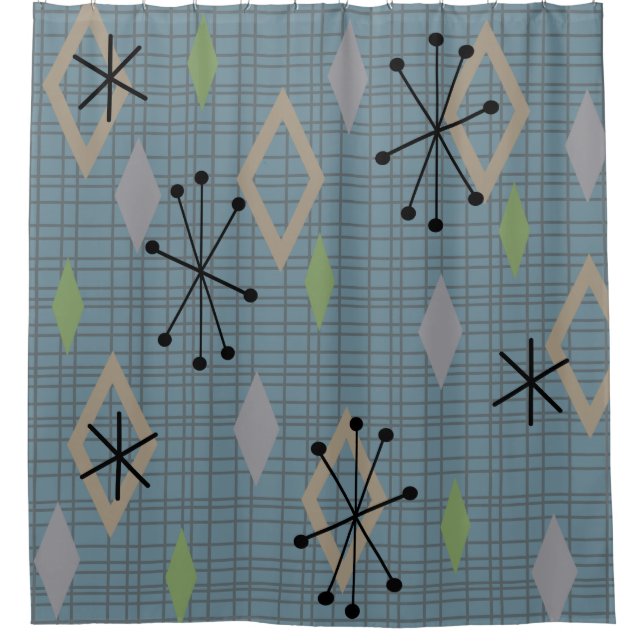 Mid Century Modern Diamonds Slate Gray Blue Shower Curtain (Front)