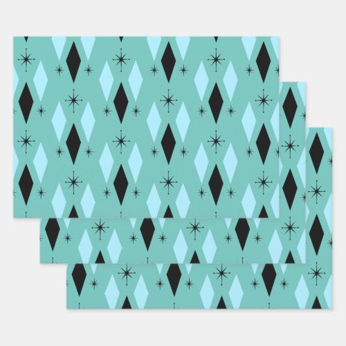Mid Century Modern Diamonds Starbursts Teal Blue Wrapping Paper Sheets