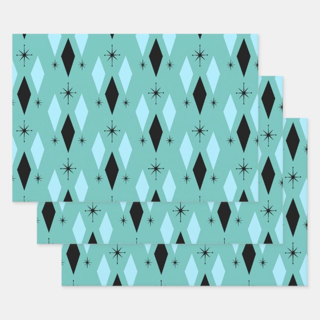 Mid Century Modern Diamonds Starbursts Teal Blue Wrapping Paper Sheets (Set)