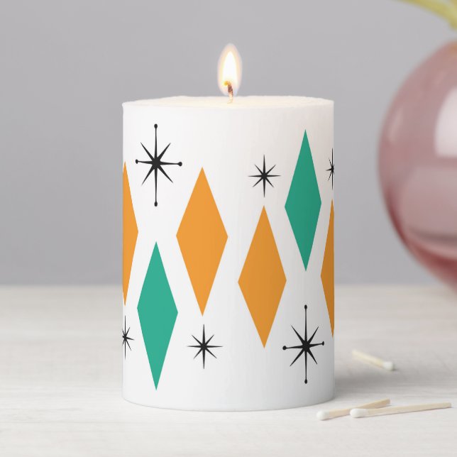 Mid Century Modern Diamonds Starbursts Teal Orange Pillar Candle (In Situ)
