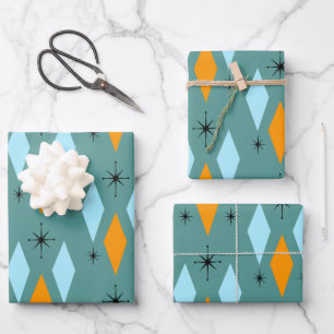 Mid Century Modern Diamonds Starbursts Teal Orange Wrapping Paper Sheets