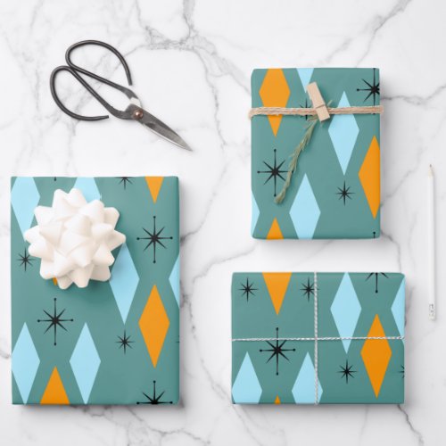 Mid Century Modern Diamonds Starbursts Teal Orange Wrapping Paper Sheets