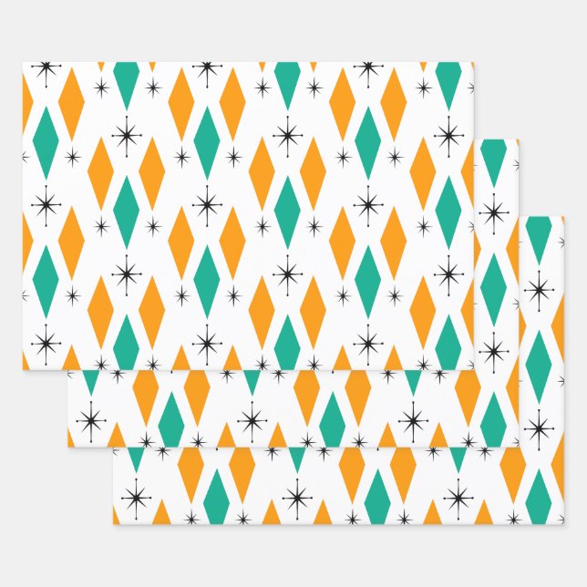 Mid Century Modern Diamonds Starbursts Teal Orange Wrapping Paper Sheets (Set)