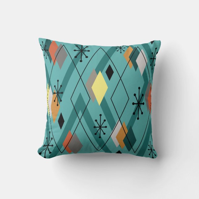 Mid Century Modern Diamonds Turquoise Throw Pillow (Front)