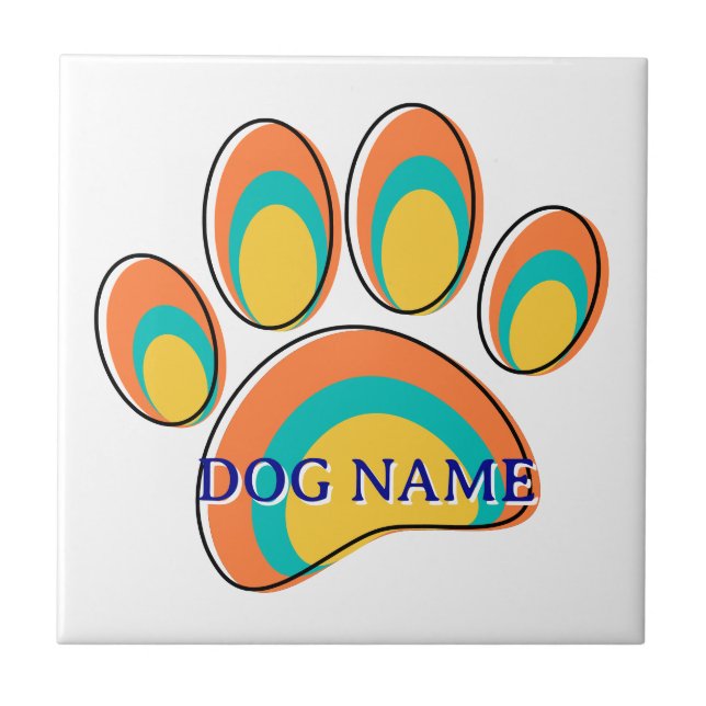 Mid Century Modern Dog Paw Print Custom Name Ceramic Tile (Front)