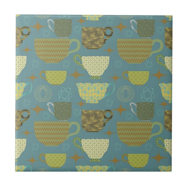 Mid Century Modern Dusty Blue Teacup Ceramic Tile (Front)