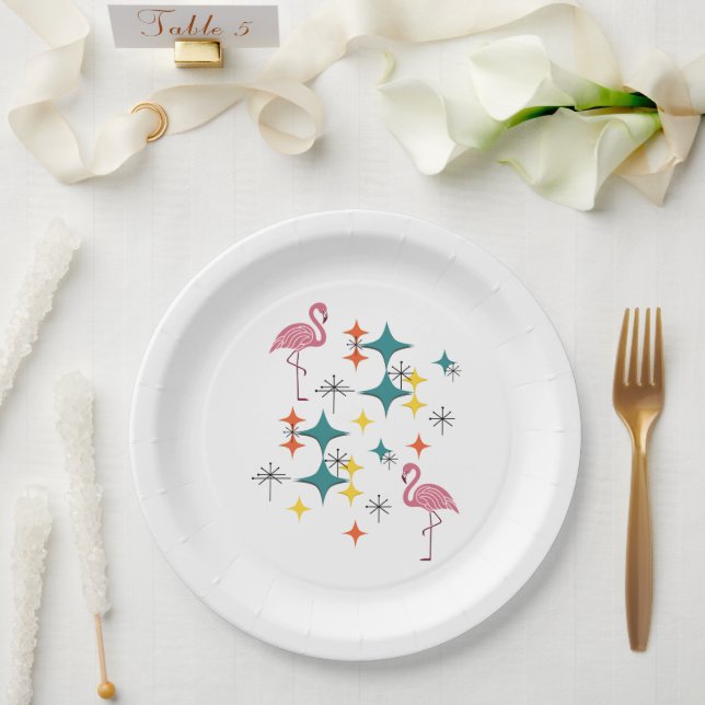 Mid Century Modern Eames Atomic Flamingos Diamonds Paper Plates (Wedding)