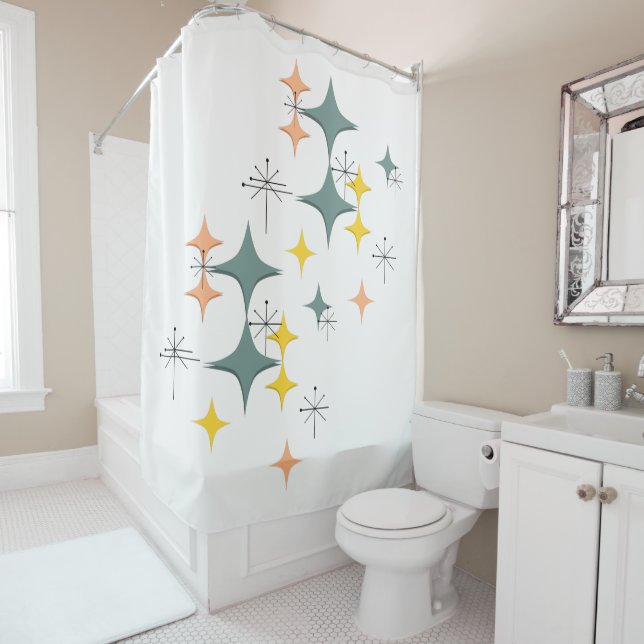 Mid Century Modern Eames Atomic Starbursts Diamond Shower Curtain (In Situ)