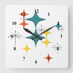 Mid Century Modern Eames Atomic Starbursts Numbers Square Wall Clock