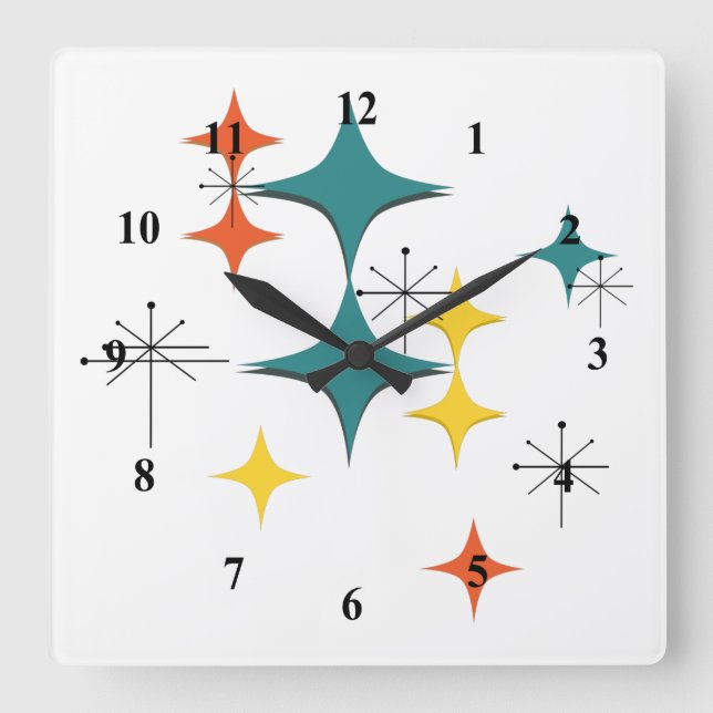 Mid Century Modern Eames Atomic Starbursts Numbers Square Wall Clock (Front)