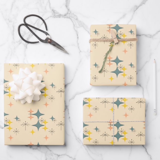 Mid Century Modern Eames Era Atomic Starbursts Wrapping Paper Sheets (Front)