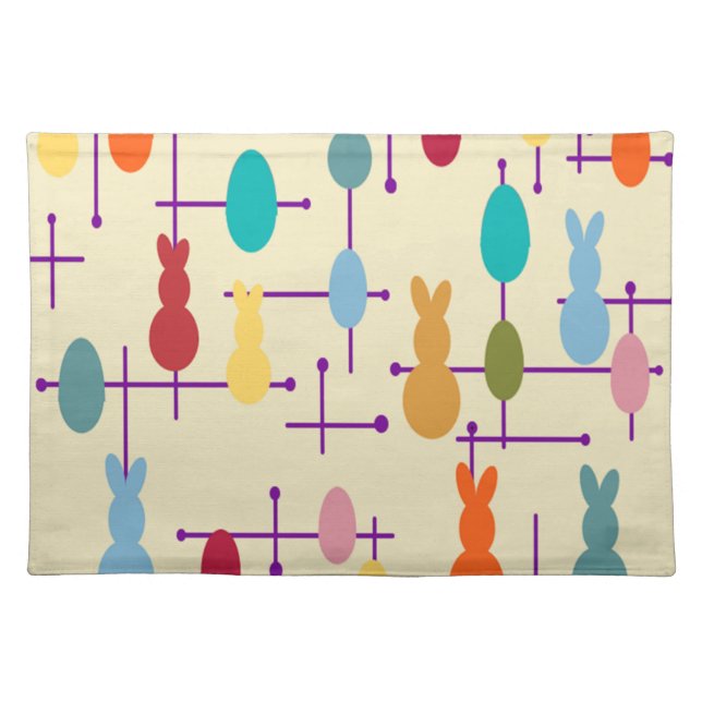 Mid-century Modern Eggs and Bunnies Cloth Placemat (Front)