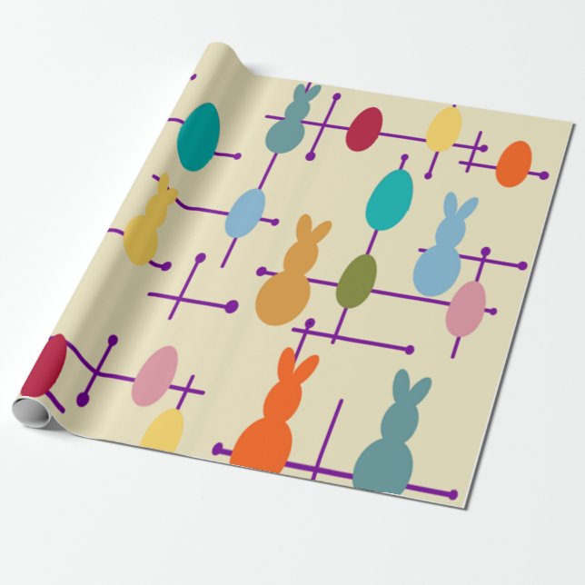 Mid-century Modern Eggs and Bunnies Wrapping Paper (Unrolled)