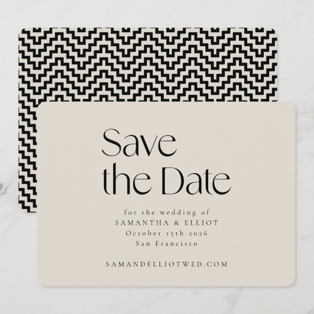 Mid Century Modern Elegant Geometric Black Ecru Save The Date (Front/Back)