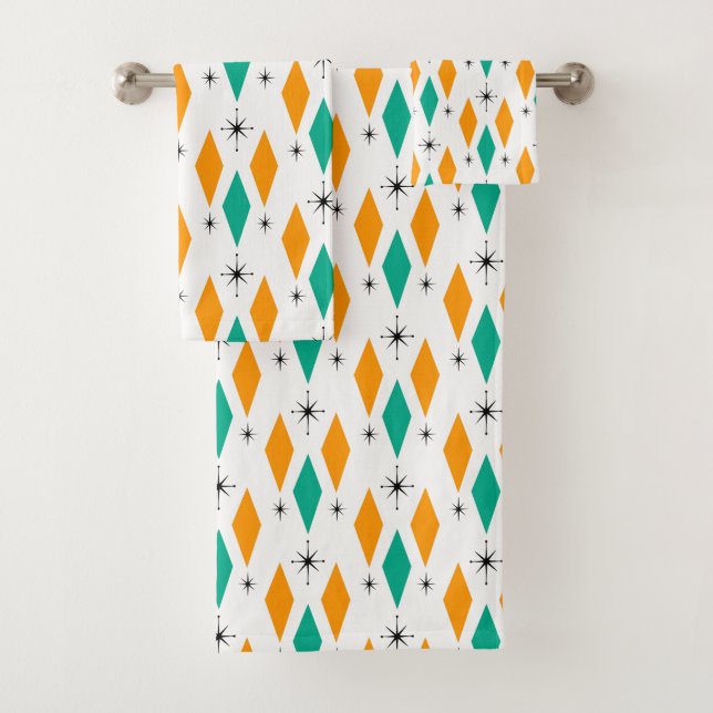 Mid Century Modern Era Diamonds Orange Turquoise Bath Towel Set (Insitu)