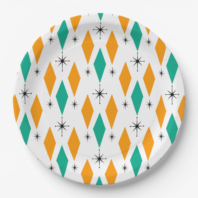 Mid Century Modern Era Diamonds Orange Turquoise Paper Plates (Front)