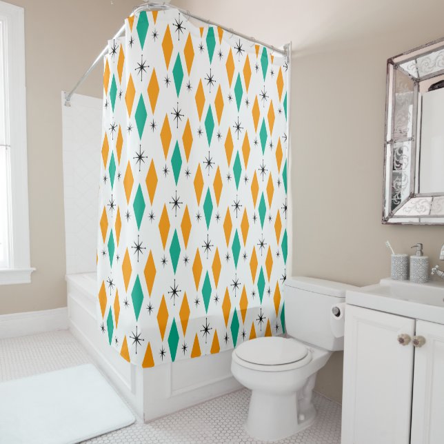 Mid Century Modern Era Diamonds Orange Turquoise Shower Curtain (In Situ)