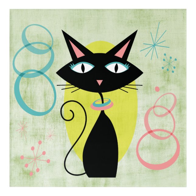 Mid-Century Modern Far Out Atomic Black Cat Acrylic Print (Front)