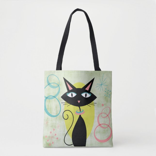 Mid-Century Modern Far Out Atomic Black Cat Tote Bag (Front)