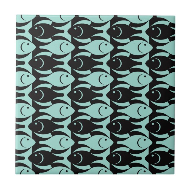 Mid-Century Modern fish, aqua and black Ceramic Tile (Front)