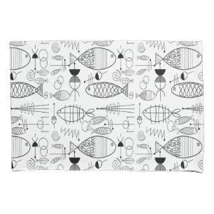 Mid-Century Modern Fish Art Black & White Pillow Case