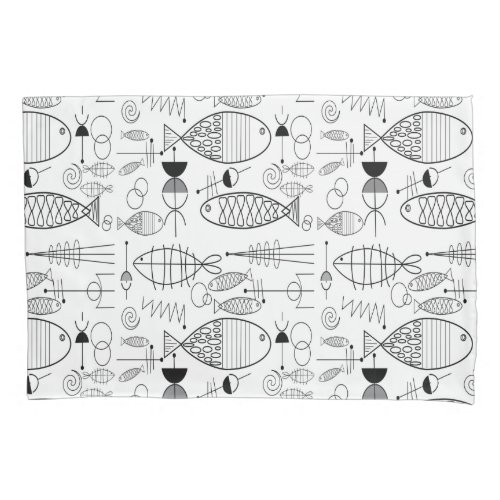 Mid-Century Modern Fish Art Black & White Pillow Case