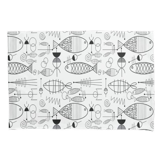 Mid-Century Modern Fish Art Black & White Pillow Case (Front)