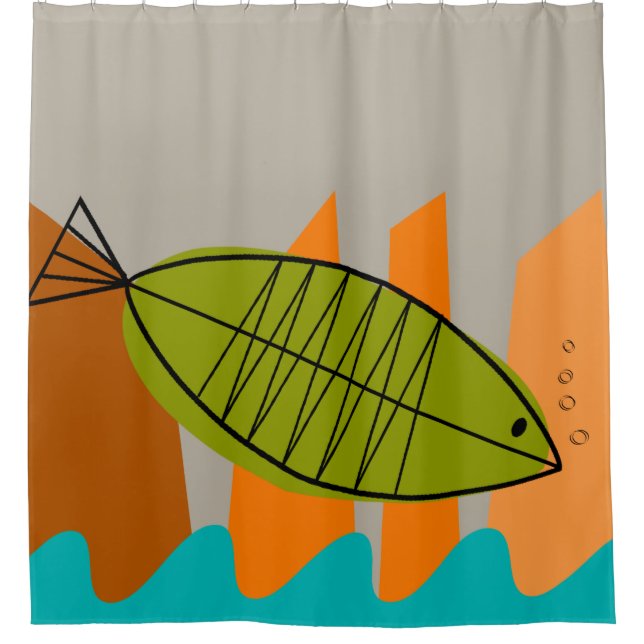 Mid-Century Modern Fish Art Shower Curtain (Front)