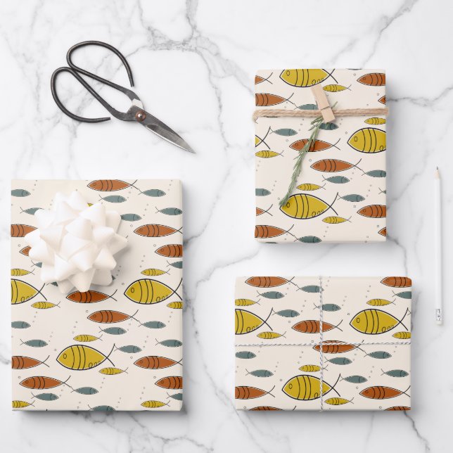 Mid Century Modern Fish Atomic Era Beige Custom Wrapping Paper Sheets (Front)
