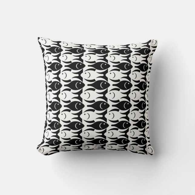 Mid-Century Modern fish, black and white Throw Pillow (Front)