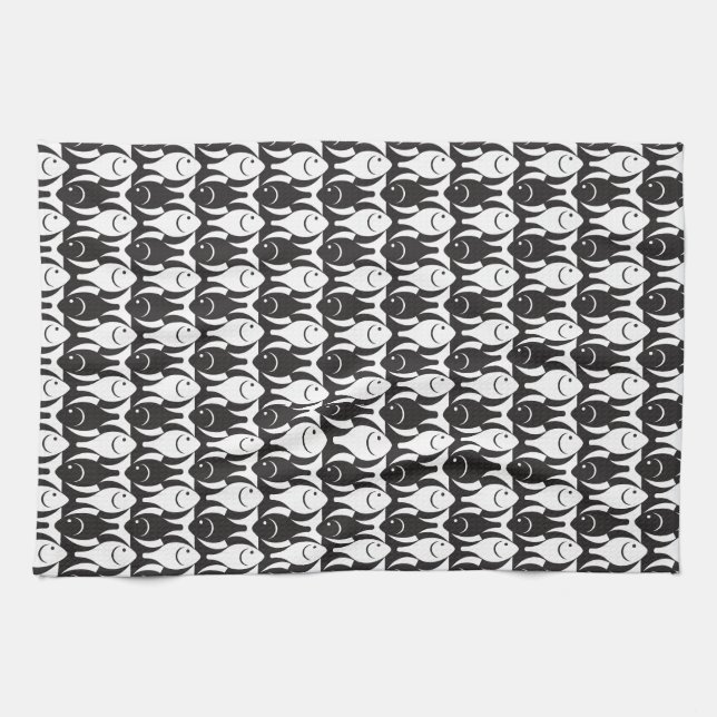 Mid-Century Modern fish, black and white Towel (Horizontal)
