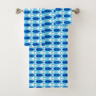 Mid-Century Modern Fish, Cobalt Blue and White Bath Towel Set