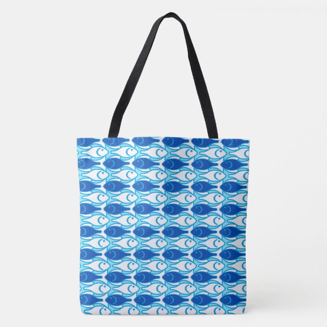 Mid-Century Modern fish, cobalt blue and white Tote Bag (Front)