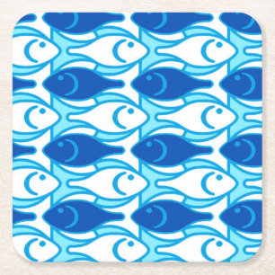 Mid-Century Modern fish, cobalt blue Square Paper Coaster