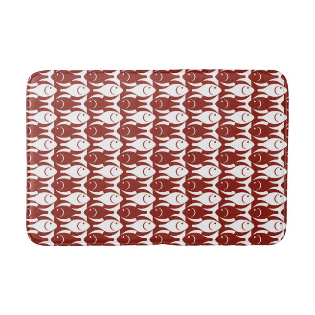 Mid-Century Modern fish, dark red and white Bath Mat (Front)