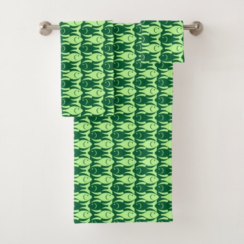 Mid_Century Modern fish lime and emerald green Bath Towel Set