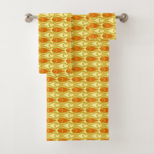 Mid-Century Modern Fish, Mustard Yellow & Orange Bath Towel Set