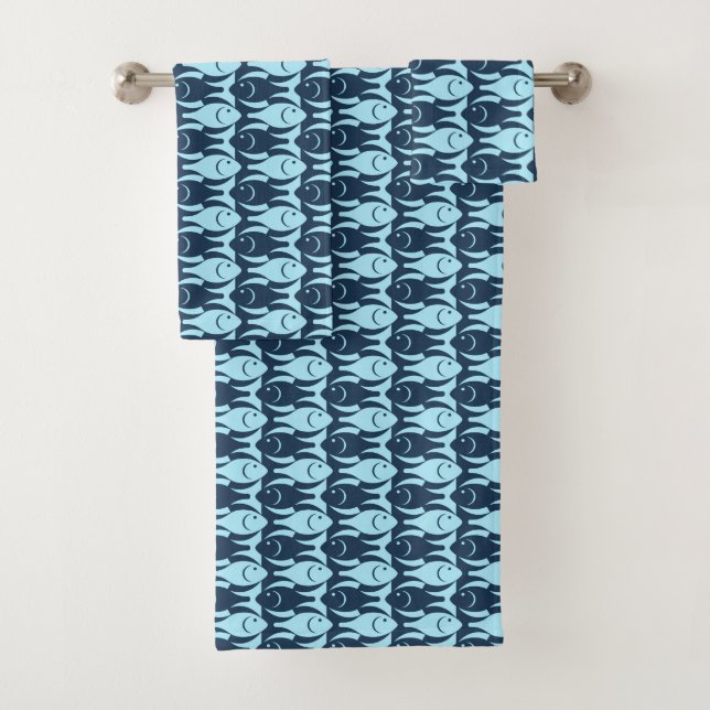 Mid-Century Modern fish, navy and light blue Bath Towel Set (Insitu)