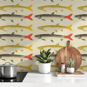 Mid-Century Modern Fish Pattern Bold Playful Wallpaper