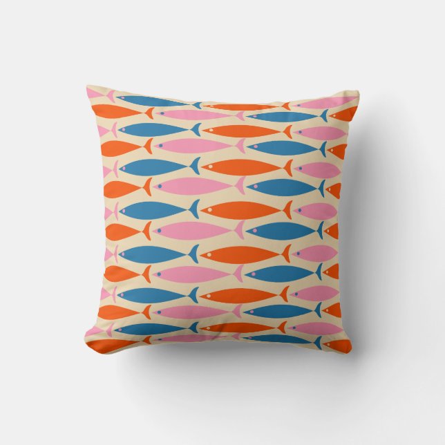 Mid Century Modern Fish Pattern Pink Blue Orange Throw Pillow (Front)