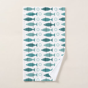 Mid Century Modern Fish Pattern Turquoise Hand Towel