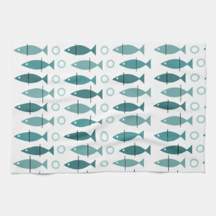 Mid Century Modern Fish Pattern Turquoise Kitchen Towel