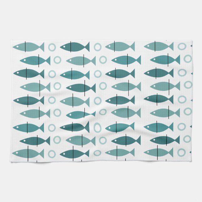 Mid Century Modern Fish Pattern Turquoise Kitchen Towel (Horizontal)